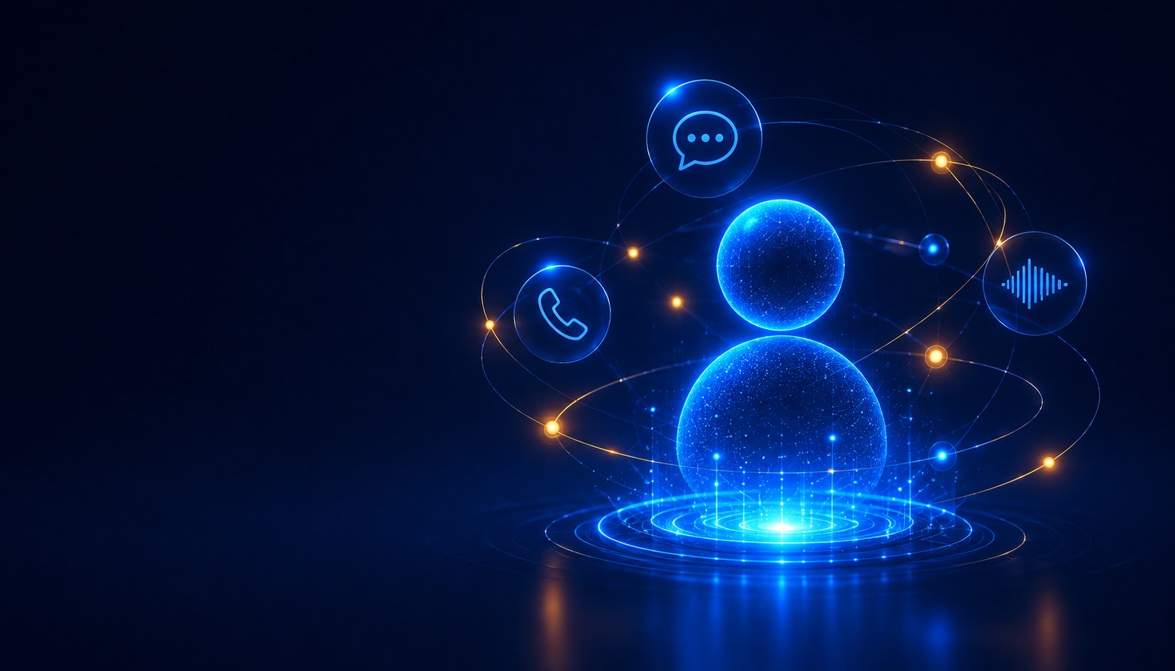 Abstract holographic figure surrounded by chat, phone and voice icons, representing AMEXIS.AI's AI agent services