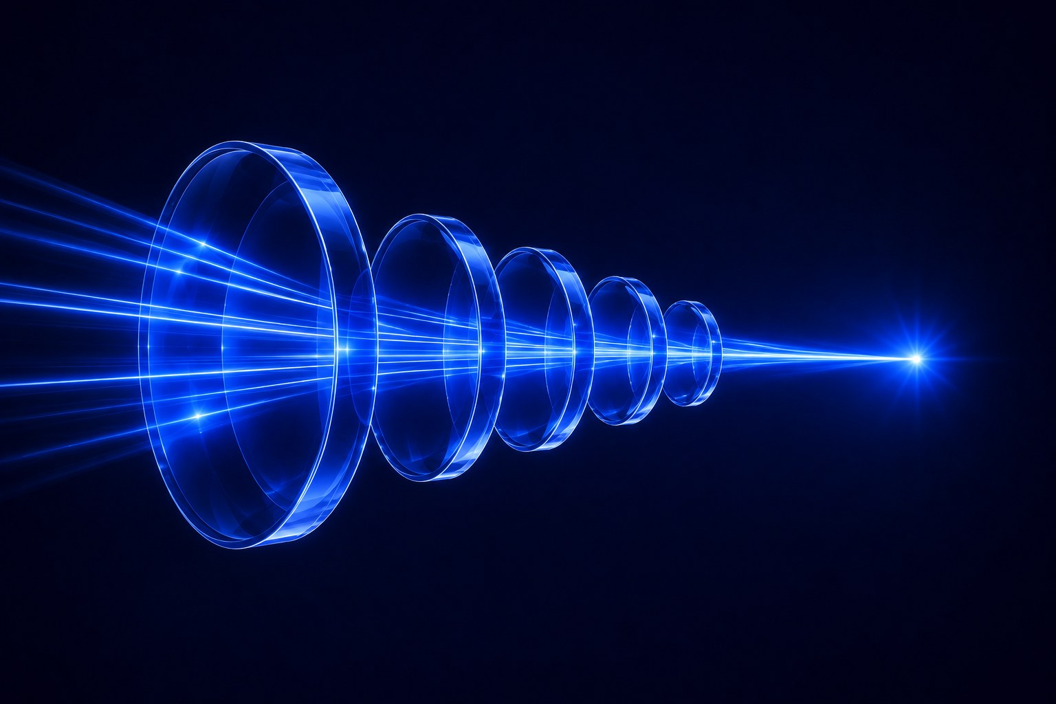 Abstract visualisation of light rays narrowing through a stack of glass lenses into one focused point, representing concentrated focus on a single AI platform