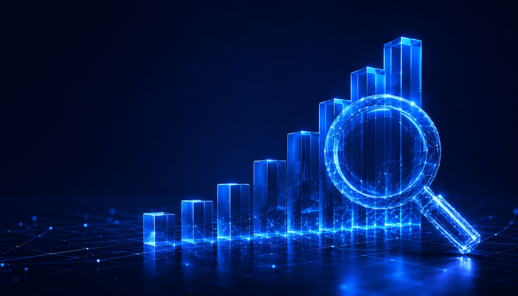 Abstract visualisation of ascending growth charts and a search-focused magnifying glass, representing AMEXIS.AI digital marketing services