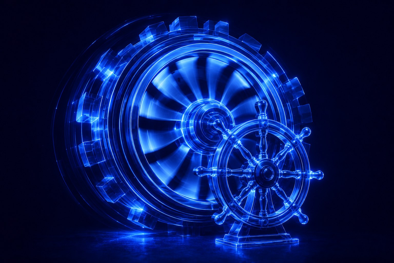 Abstract visualisation of a small glass ship's helm steadying a much larger spinning automated turbine, representing human oversight of AI-driven ad automation