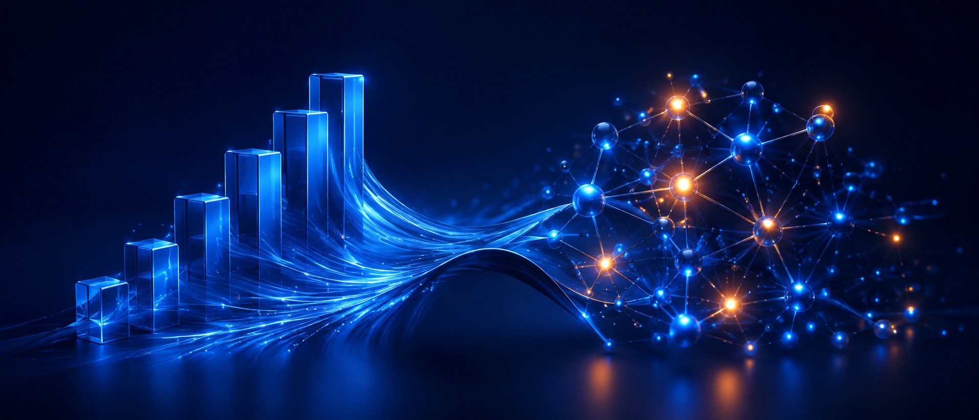 Abstract visualisation of growth analytics merging into an AI agent network, representing AMEXIS.AI's digital marketing and AI agent divisions