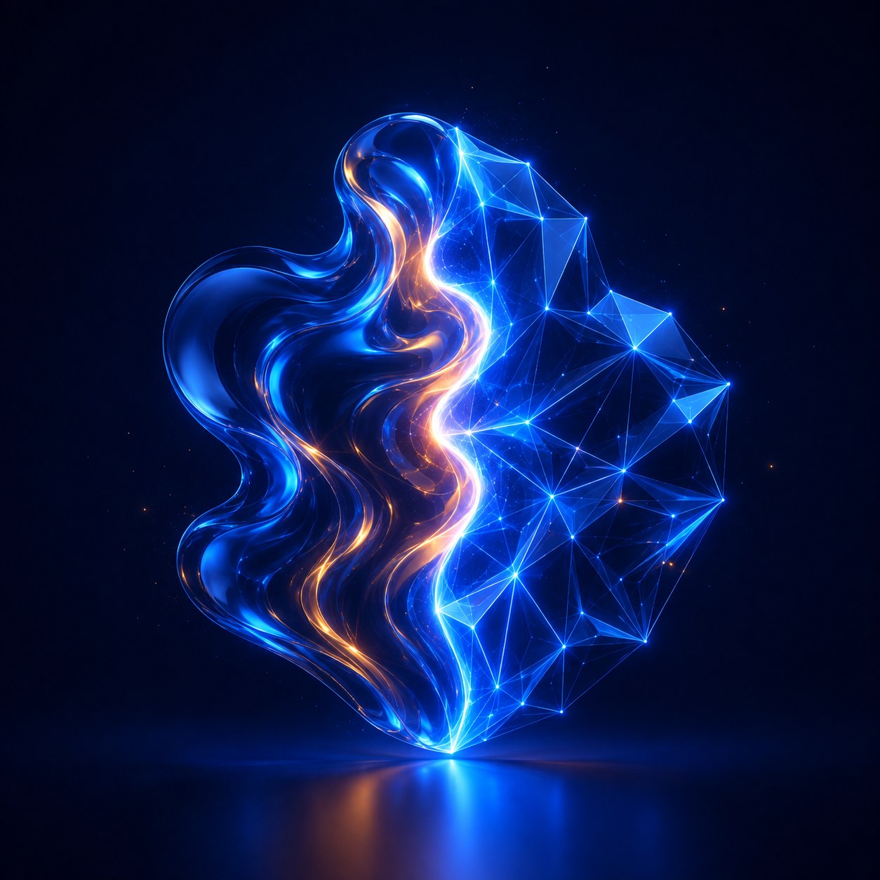 Abstract sculpture of an organic flowing form merging with a faceted geometric network form, representing human expertise combined with AI technology at AMEXIS.AI