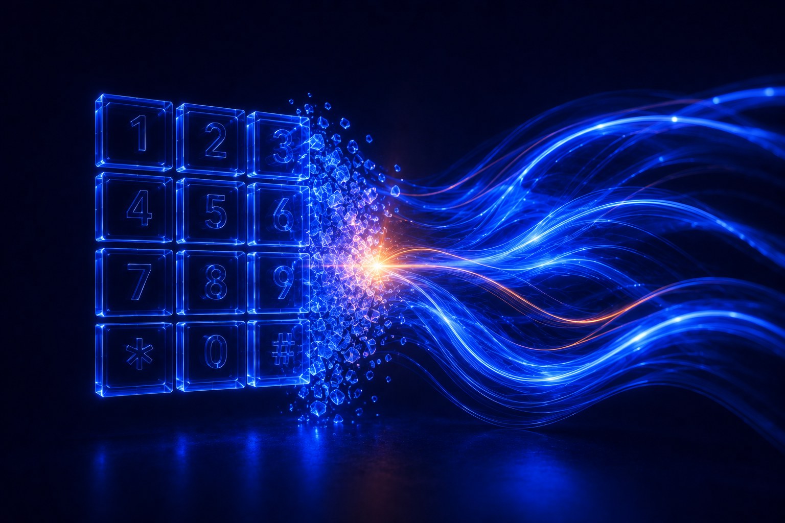 Abstract visualisation of a rigid glass phone keypad dissolving into flowing ribbons of light, representing the old telco menu becoming a warmer, more natural experience