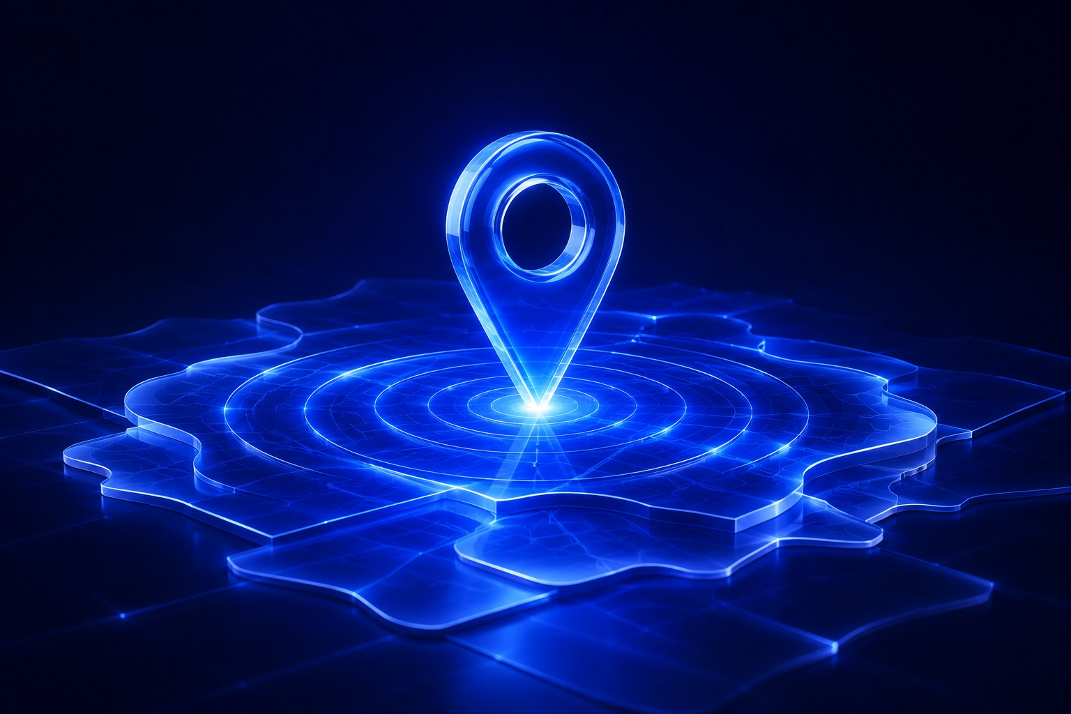 Abstract visualisation of a glowing location pin at the centre of a layered terrain map with signal rings radiating outward