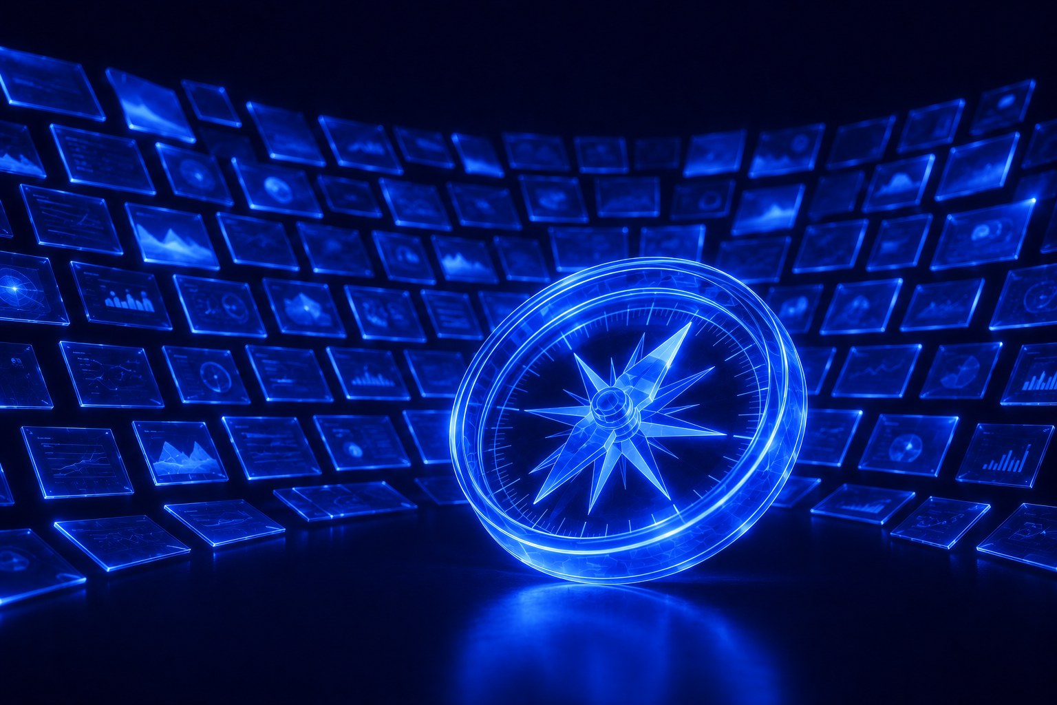 Abstract visualisation of a glass compass positioned in front of a sprawling wall of automated data panels, representing human guidance over AI-driven creative and audience testing