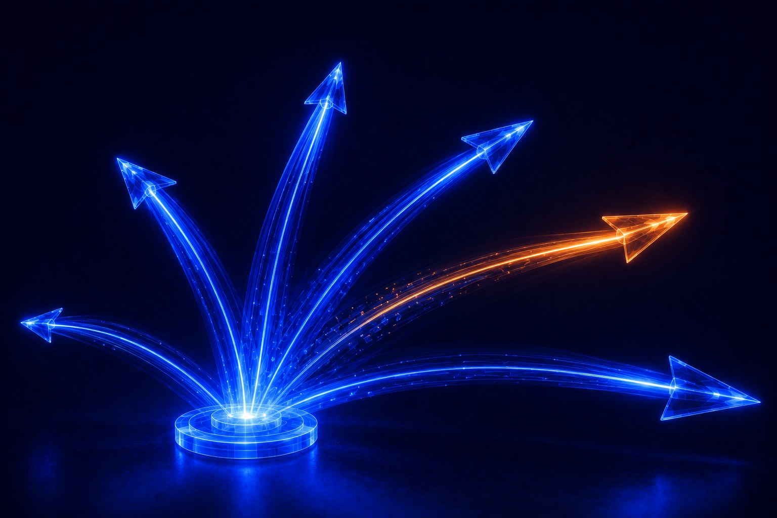 Abstract visualisation of several glowing glass arrows launching outward from a shared base, one still trailing amber light as it forms, representing outbound calling functions with one still in beta
