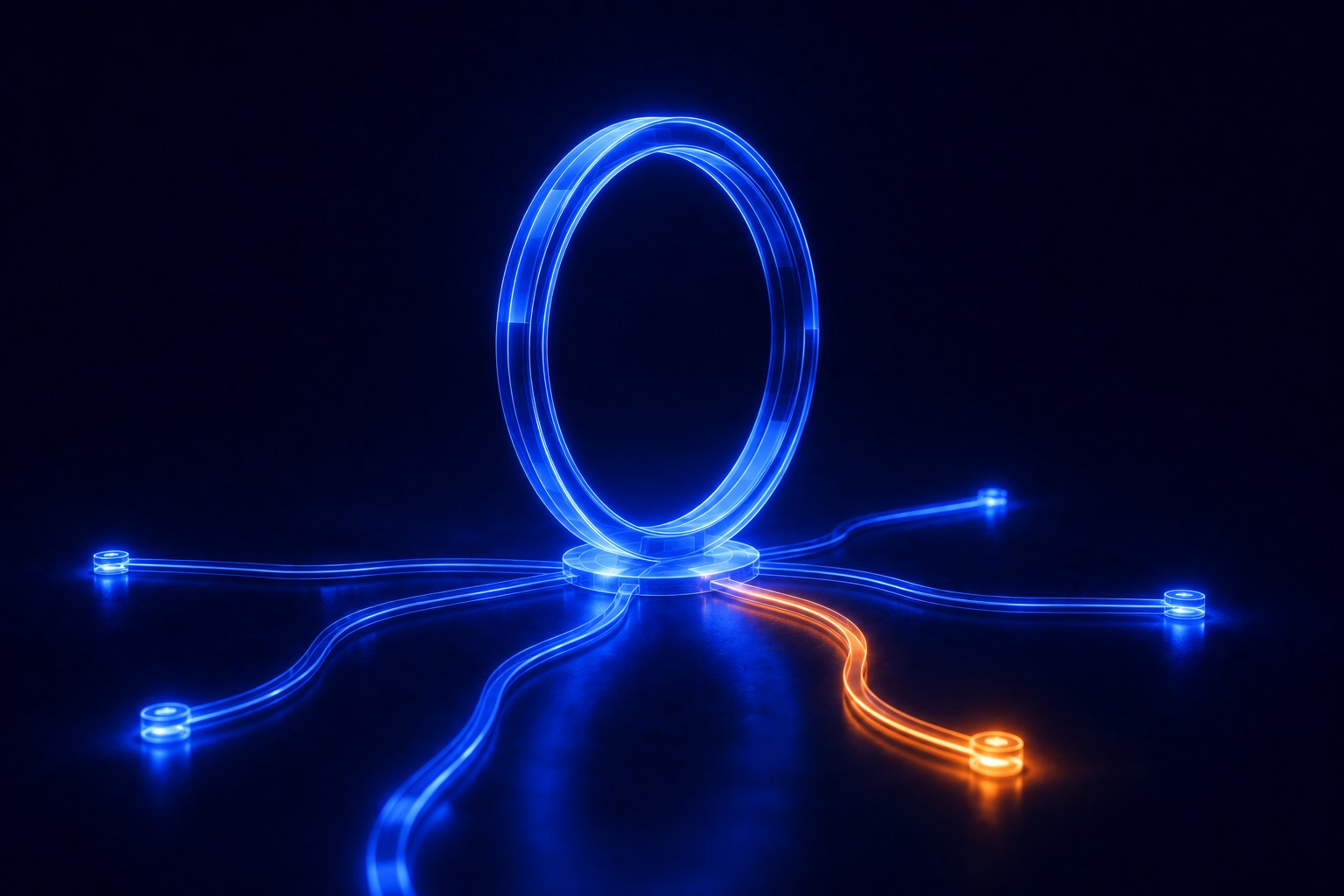 Abstract visualisation of a glowing glass ring with multiple pathways branching outward, representing one point of contact directing to many outcomes