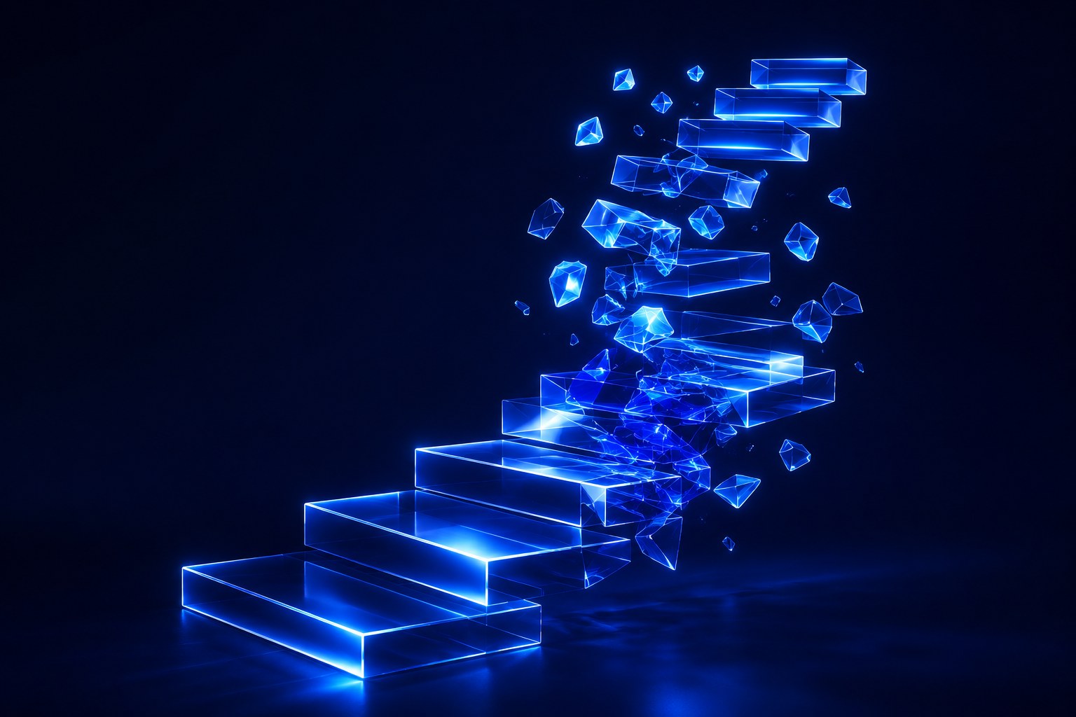 Abstract visualisation of a glass staircase fracturing and reassembling, representing the constantly shifting nature of SEO