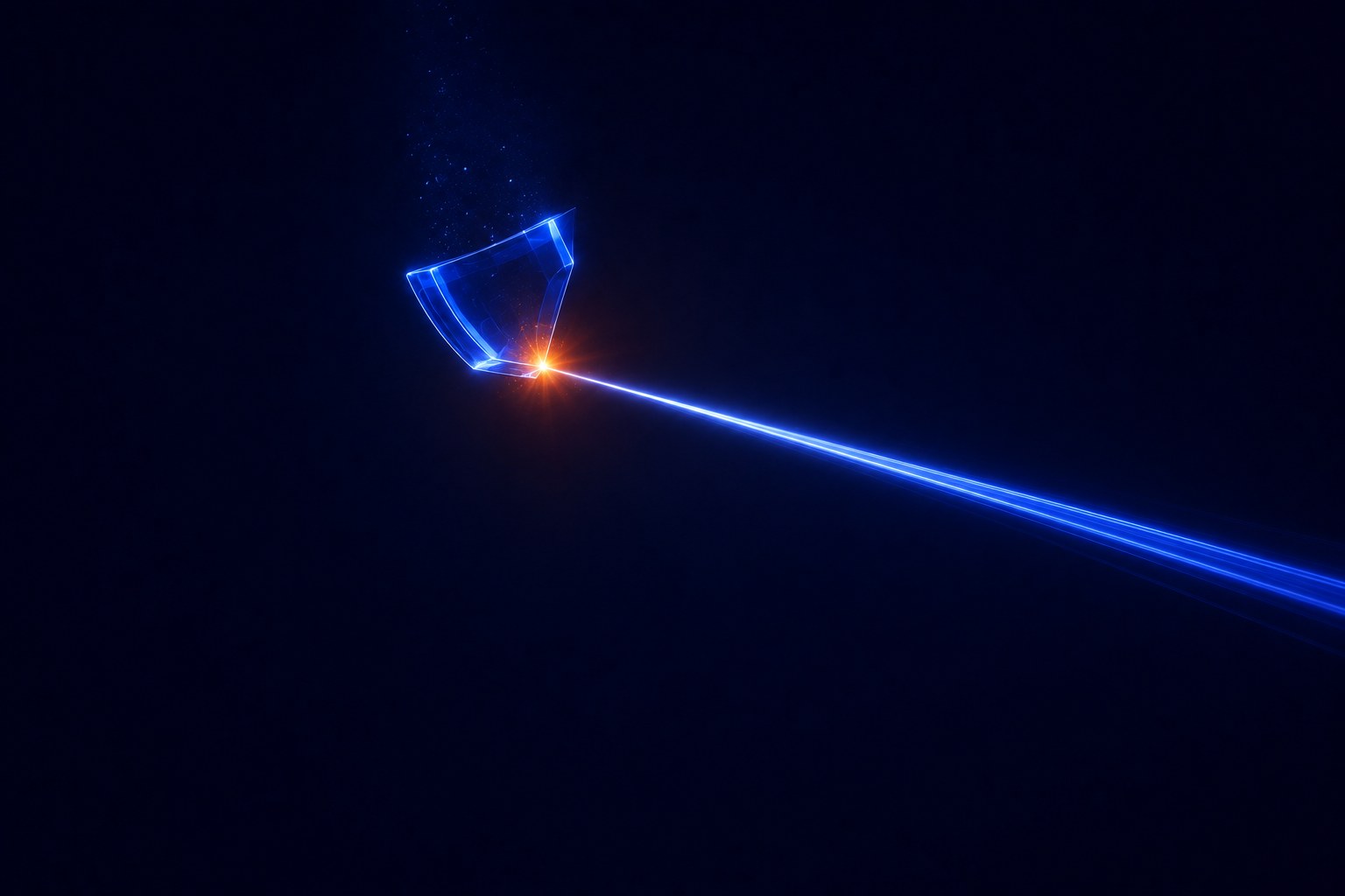 Abstract visualisation of a small glass fragment caught mid-fall by an incoming beam of light, representing catching a missed call before it becomes a lost enquiry