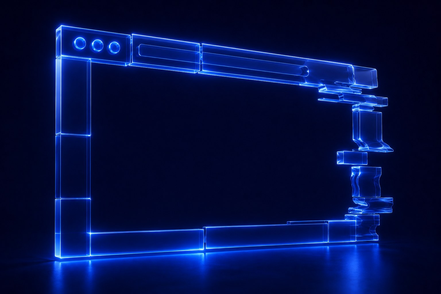 Abstract visualisation of a glass browser window frame, solid on one side and glitching apart on the other, representing DIY website builders breaking under customisation